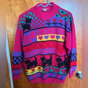 vintage acrylic lurex sweater scottie dog heart flower bows geometric 80s 1980s